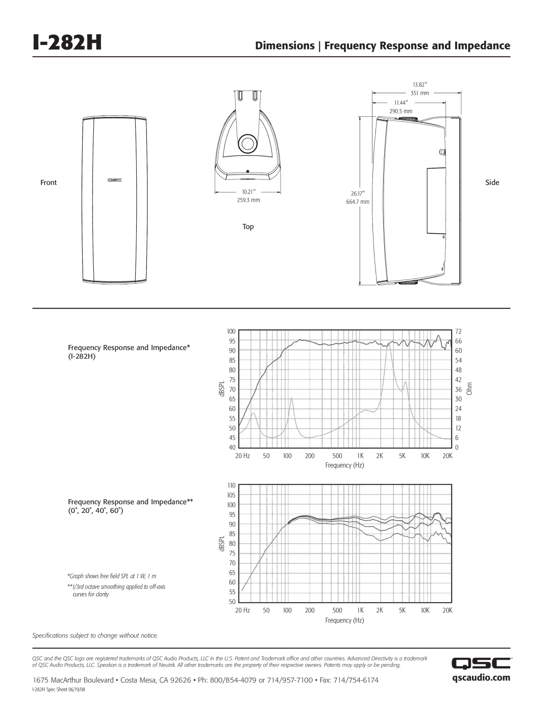 QSC Audio ISIS I-282H specifications Dimensions Frequency Response and Impedance, Qscaudio.com 