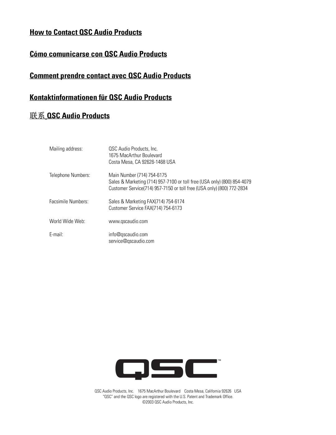 QSC Audio ISIS Series user manual Sales & Marketing 714 957-7100 or toll free USA only 800 