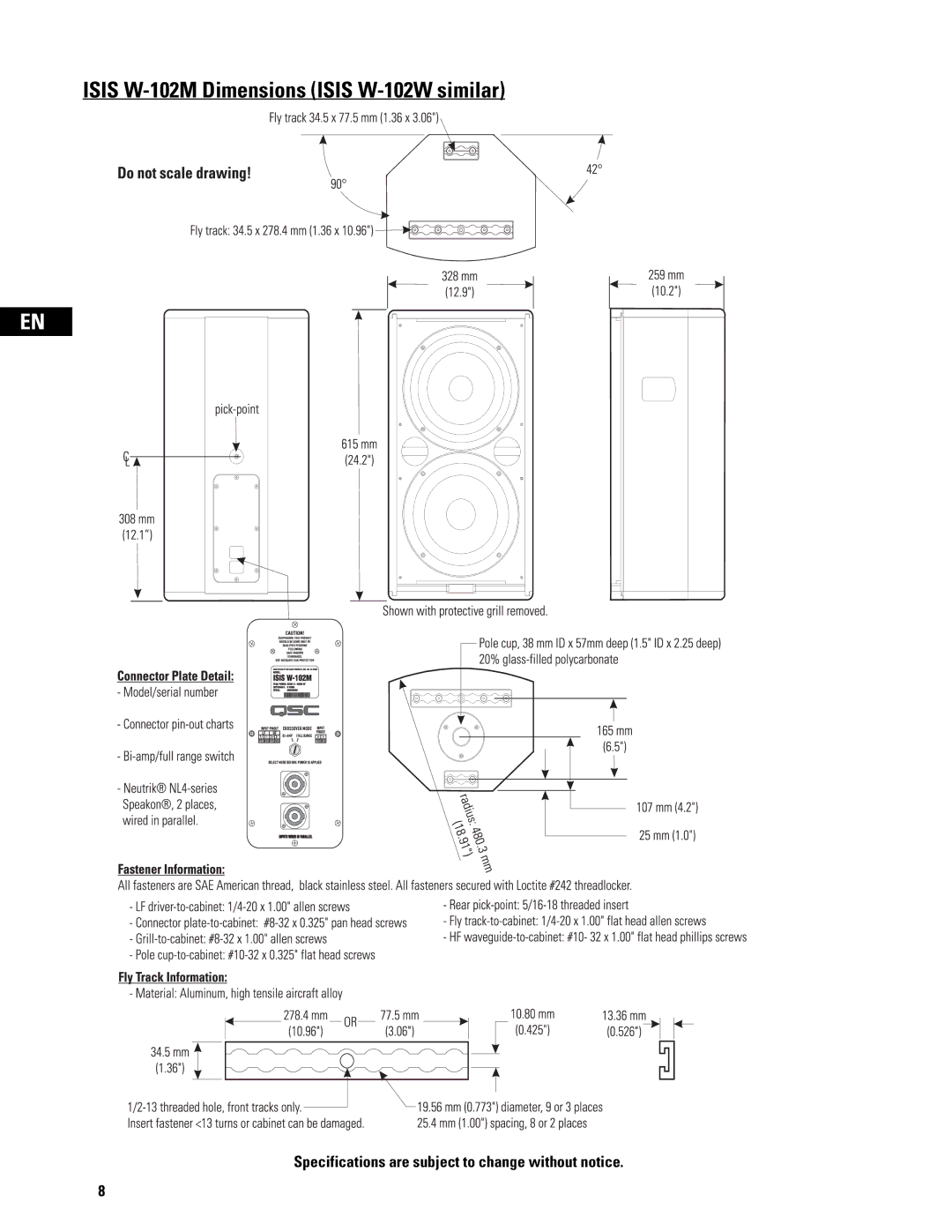 QSC Audio ISIS Series user manual Isis W-102M Dimensions Isis W-102W similar 