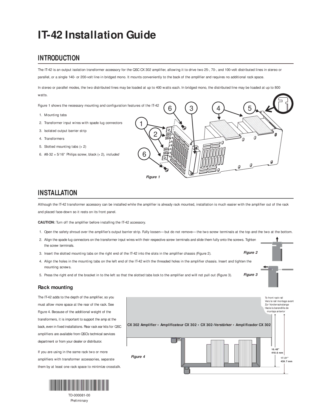 QSC Audio IT-42 manual Introduction, Installation, Rack mounting 