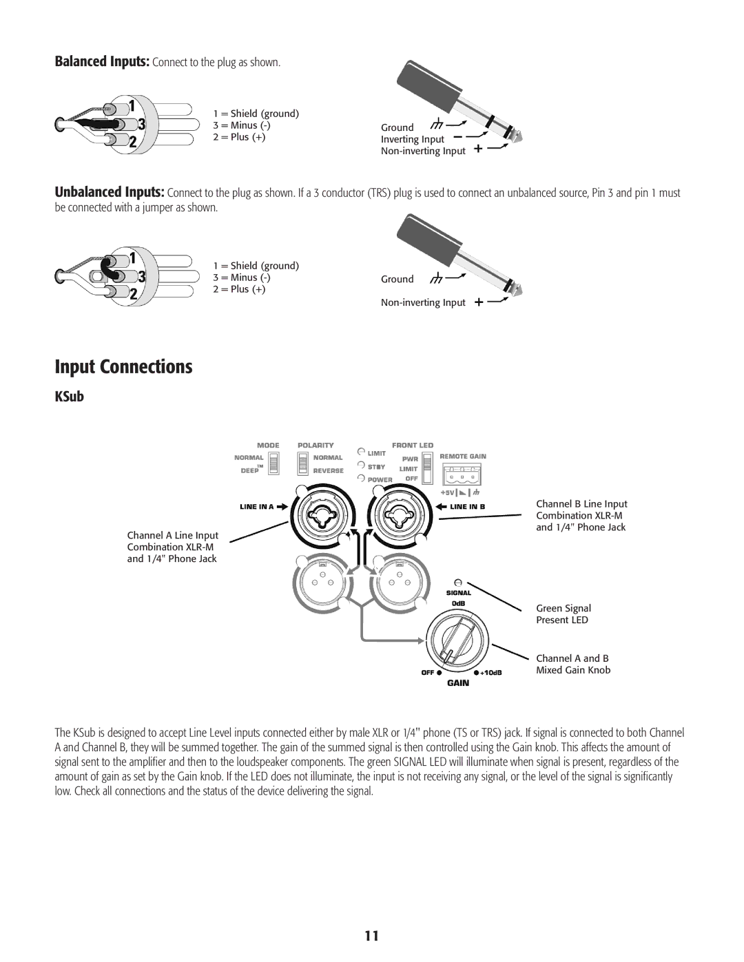 QSC Audio KSub, K8, K12, K10 user manual Balanced Inputs Connect to the plug as shown 