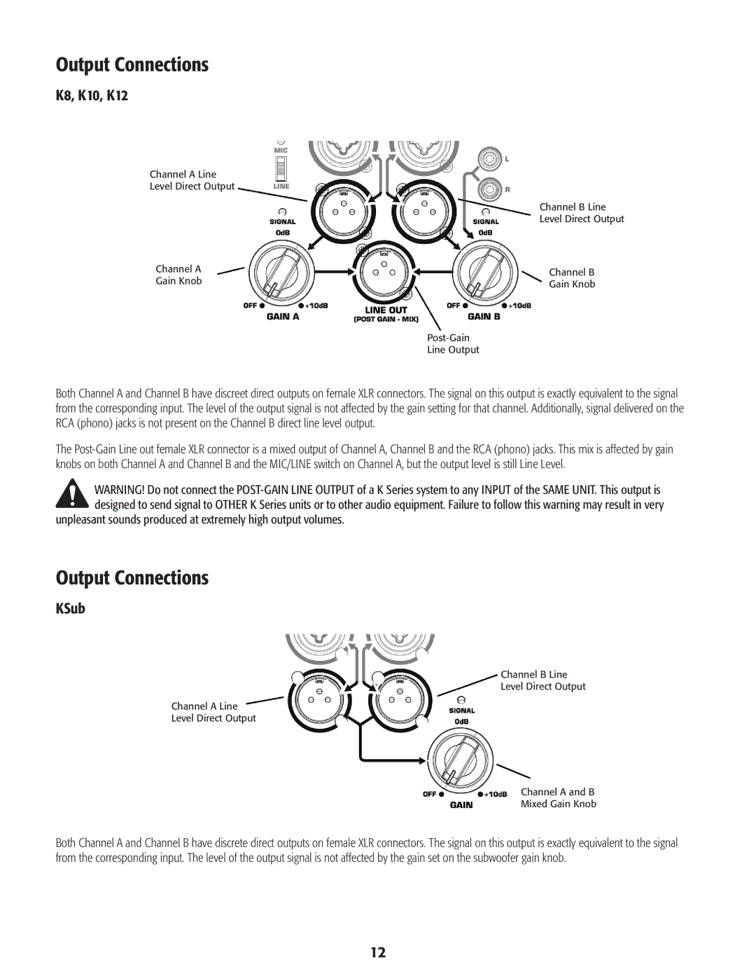 QSC Audio K8, K12, K10, KSub user manual Output Connections, Unpleasant sounds produced at extremely high output volumes 