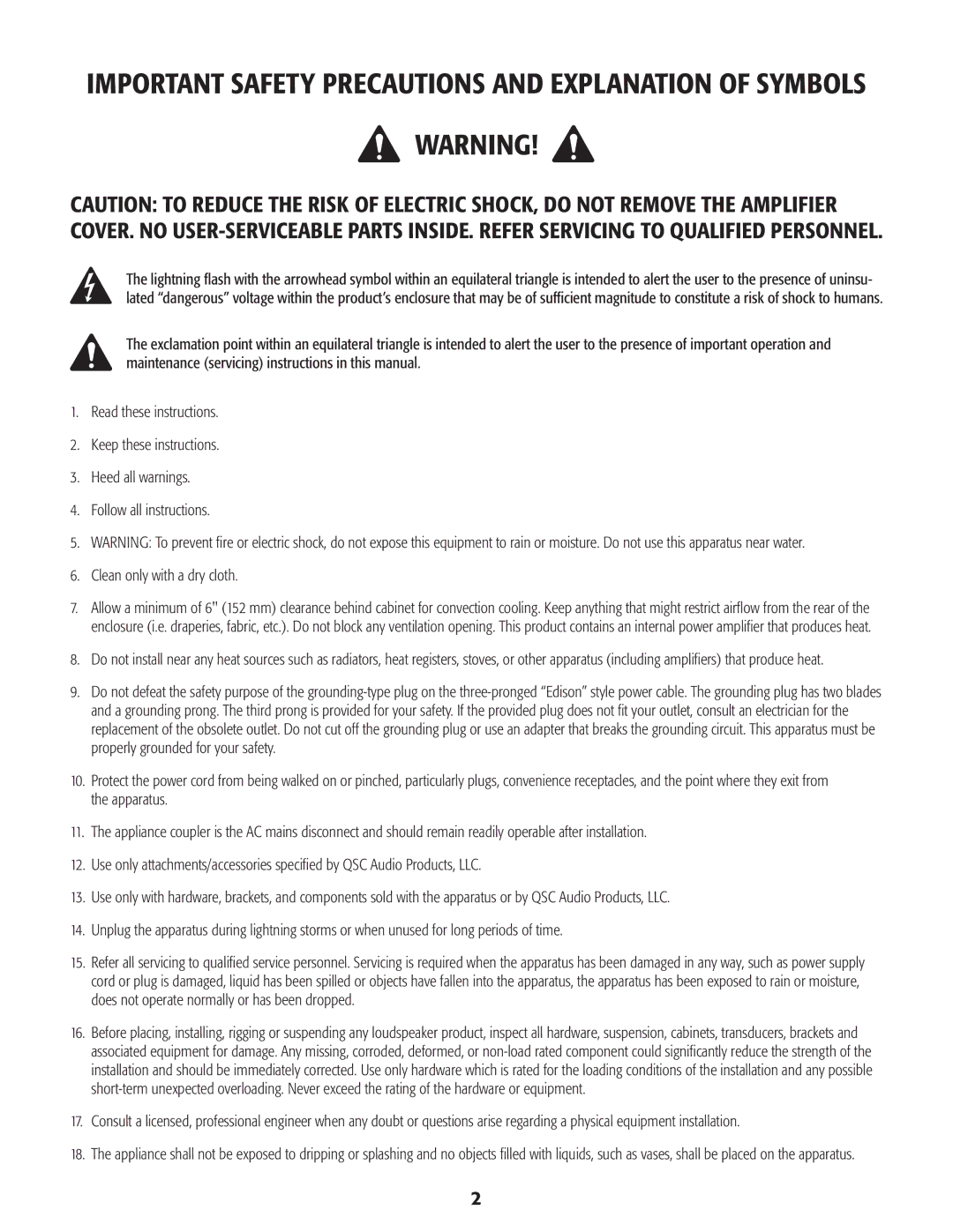 QSC Audio K10, K8, K12, KSub user manual Important Safety Precautions and Explanation of Symbols 