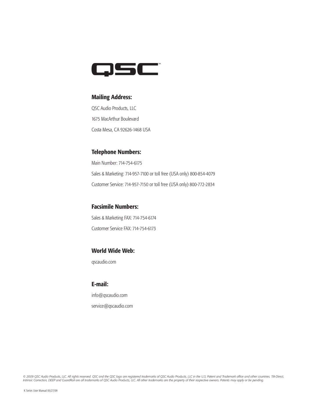 QSC Audio K12, K8, K10, KSub user manual Mailing Address, Telephone Numbers, Facsimile Numbers, World Wide Web 