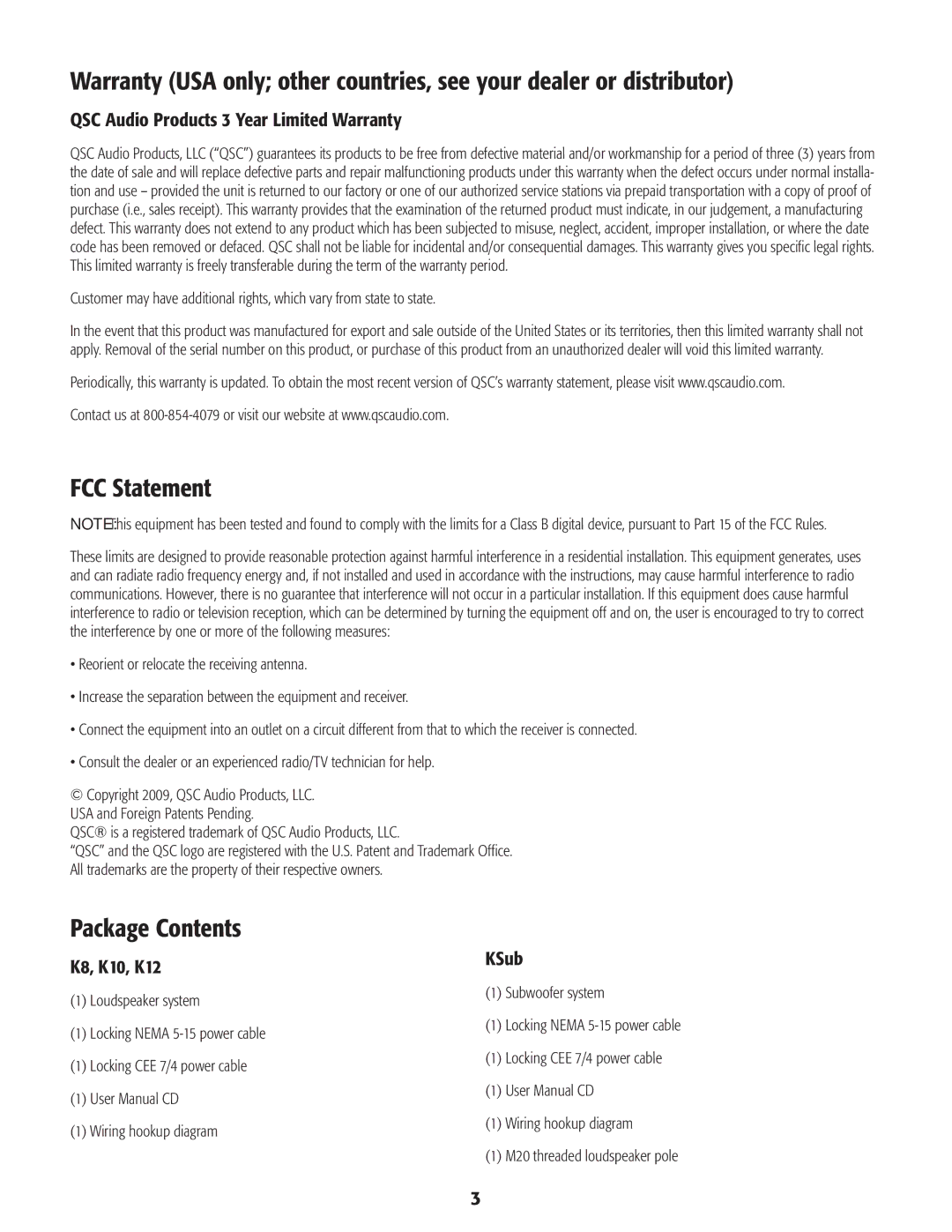 QSC Audio KSub, K8, K12, K10 user manual FCC Statement, Package Contents 