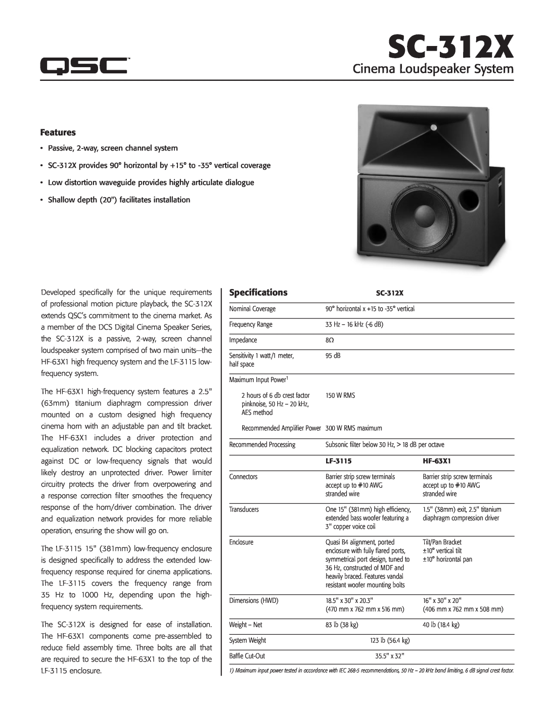 QSC Audio HF-63X1, LF-3115 specifications Features, Specifications, SC-312X, Cinema Loudspeaker System 