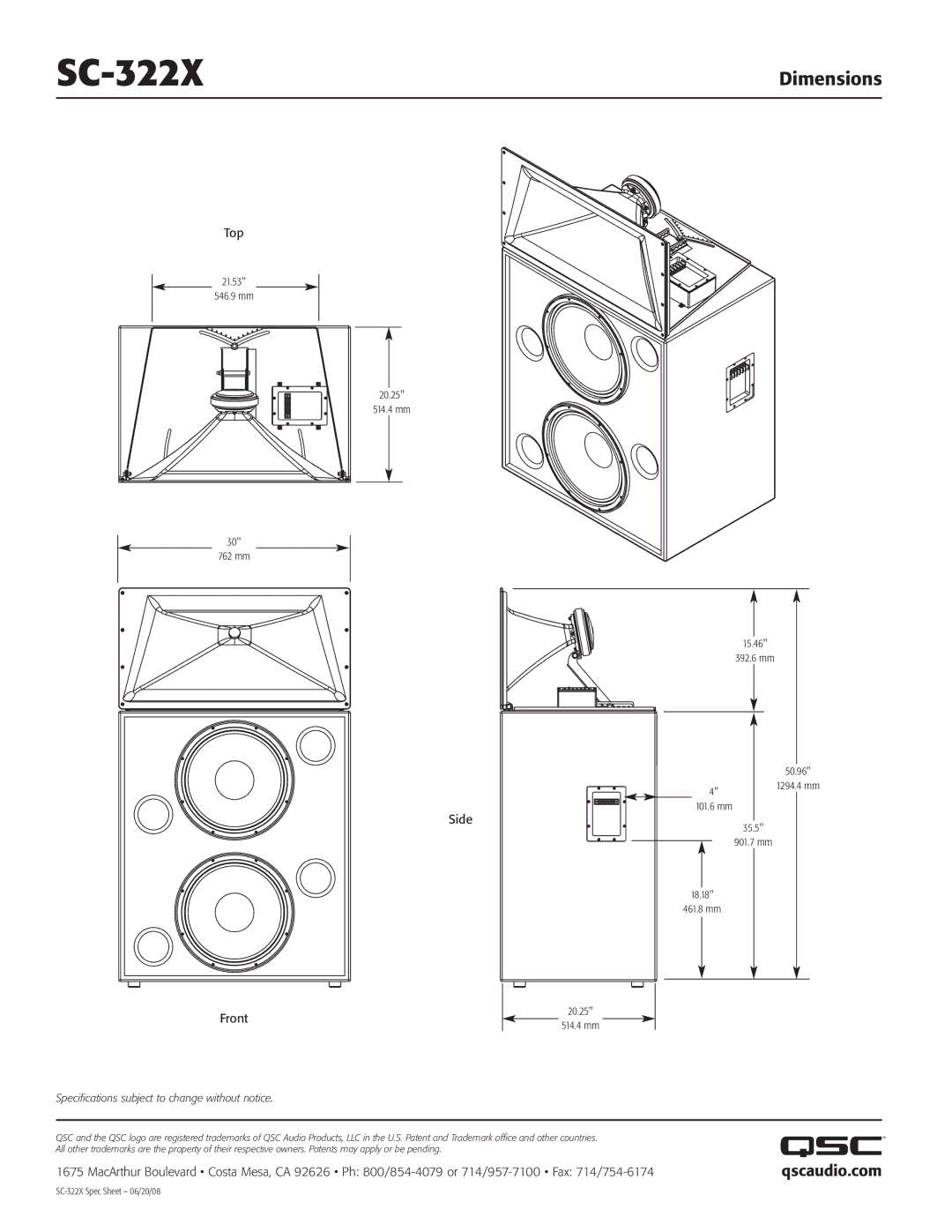 QSC Audio LF-3215, HF-63X2 specifications Qscaudio.com, Top, Side Front 