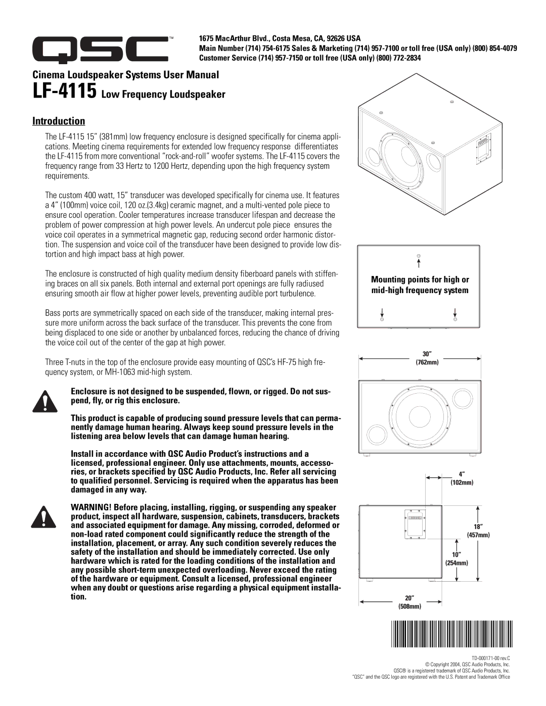 QSC Audio user manual LF-4115Low Frequency Loudspeaker Introduction, MacArthur Blvd., Costa Mesa, CA, 92626 USA 