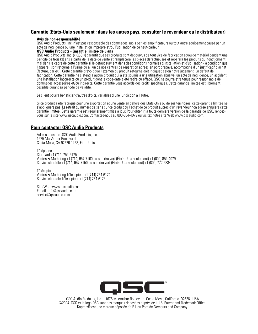 QSC Audio LF-4115 user manual Pour contacter QSC Audio Products, Avis de non-responsabilité 