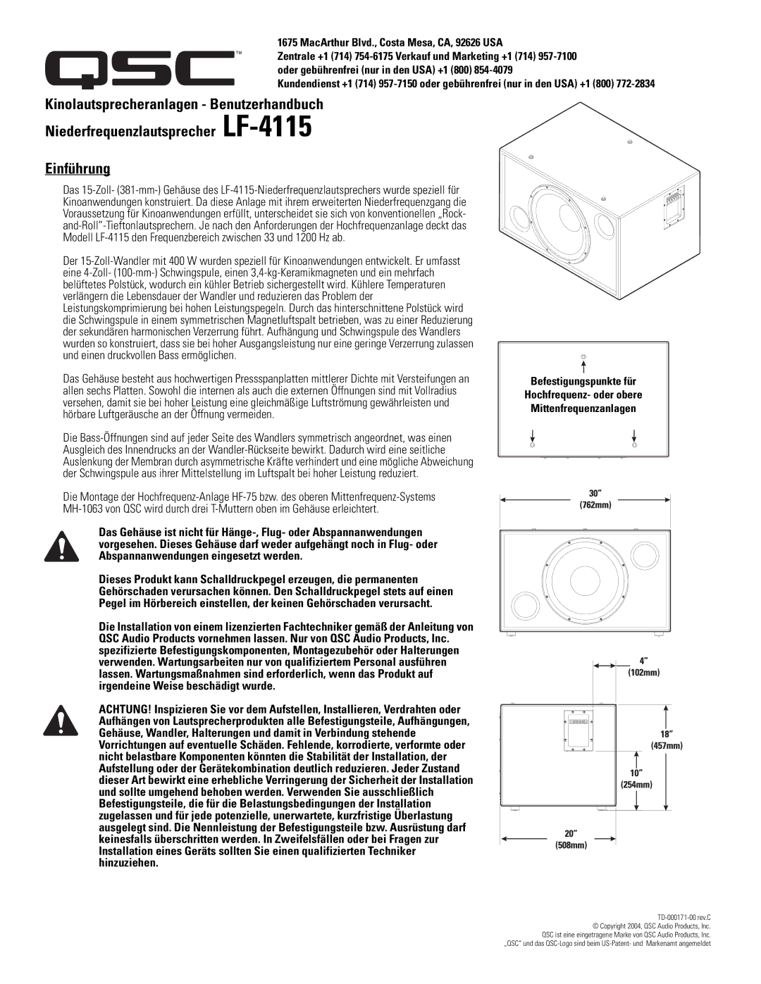 QSC Audio LF-4115 user manual MacArthur Blvd., Costa Mesa, CA, 92626 USA 