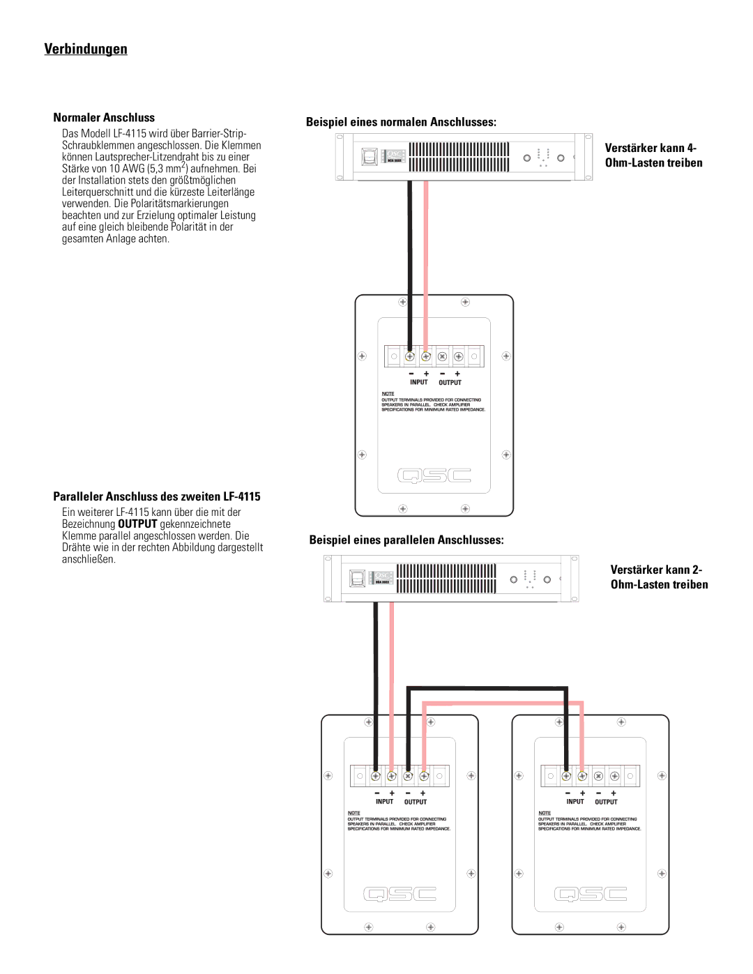 QSC Audio user manual Verbindungen, Normaler Anschluss, Paralleler Anschluss des zweiten LF-4115 