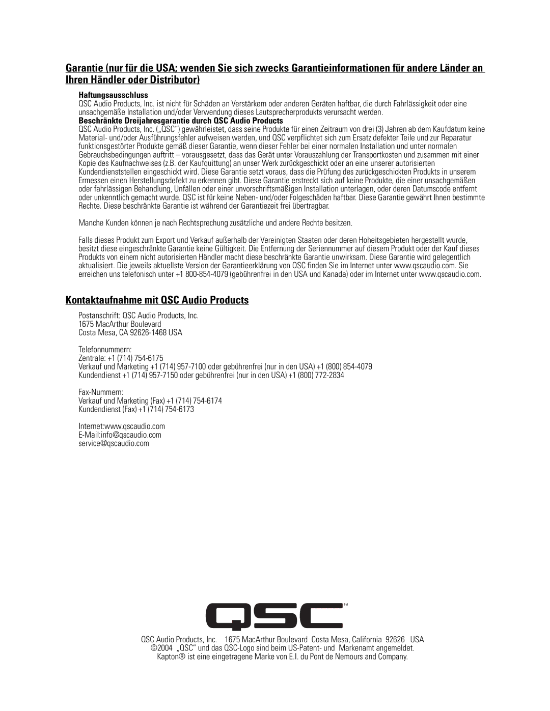 QSC Audio LF-4115 user manual Kontaktaufnahme mit QSC Audio Products, Haftungsausschluss 