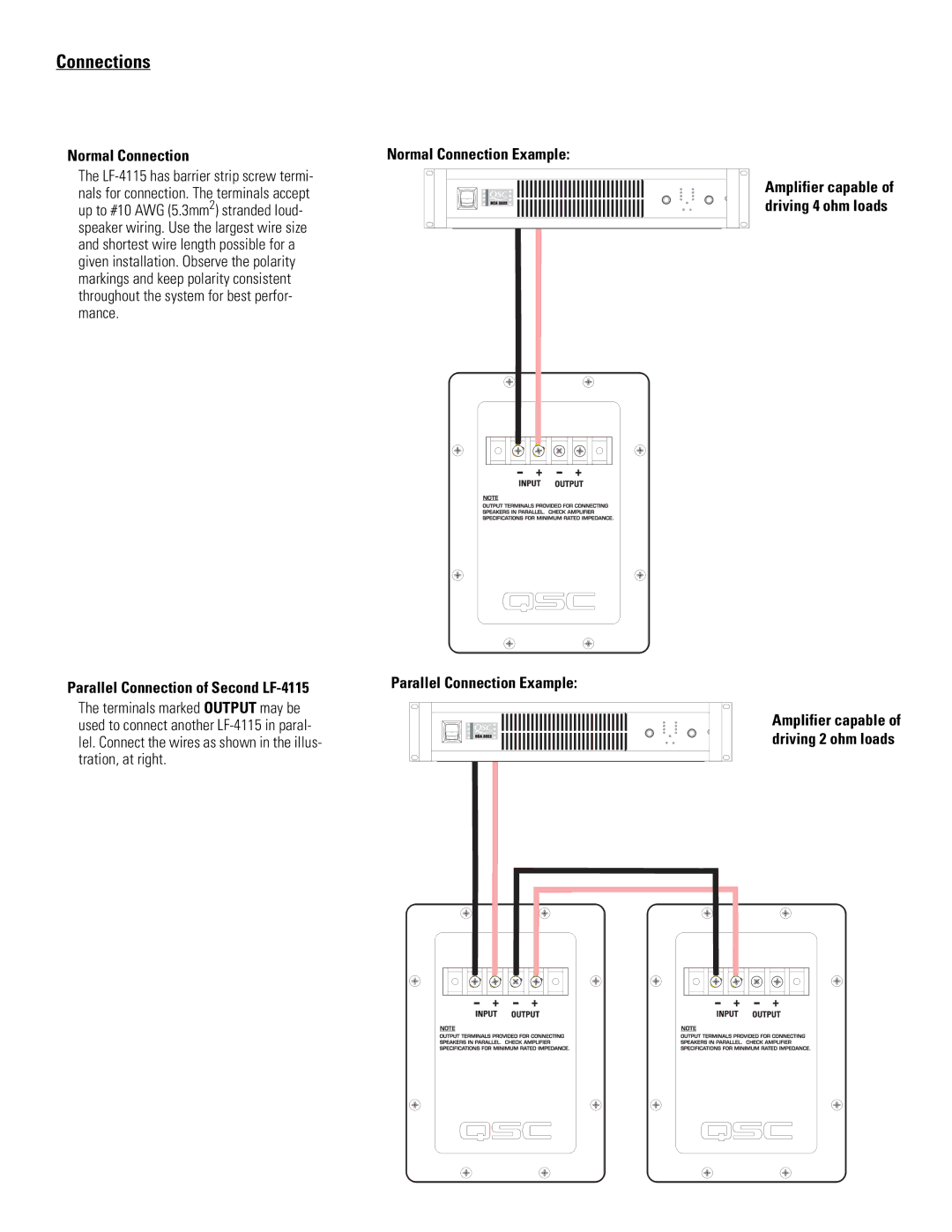 QSC Audio user manual Connections, Normal Connection, Parallel Connection of Second LF-4115 