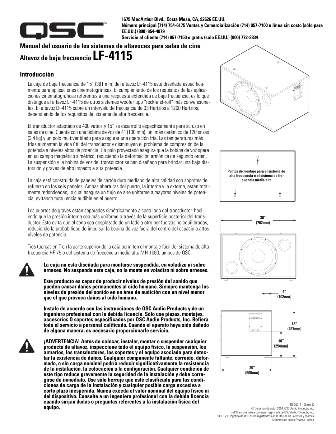 QSC Audio LF-4115 user manual Equipo, Derechos de autor 2004, QSC Audio Products, Inc 