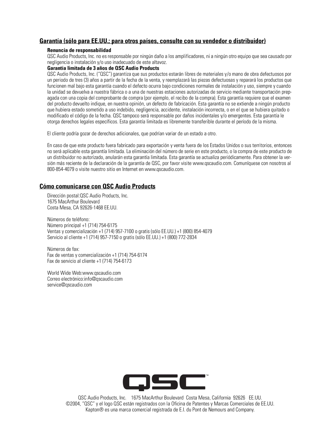 QSC Audio LF-4115 user manual Cómo comunicarse con QSC Audio Products, Renuncia de responsabilidad 