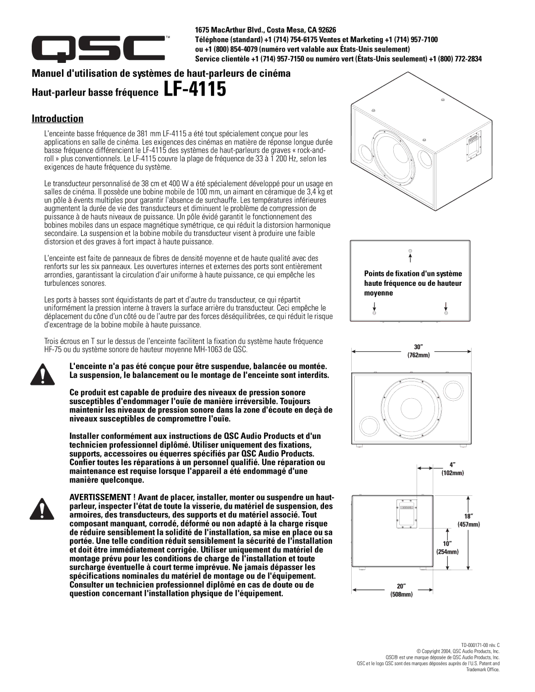 QSC Audio LF-4115 user manual MacArthur Blvd., Costa Mesa, CA 