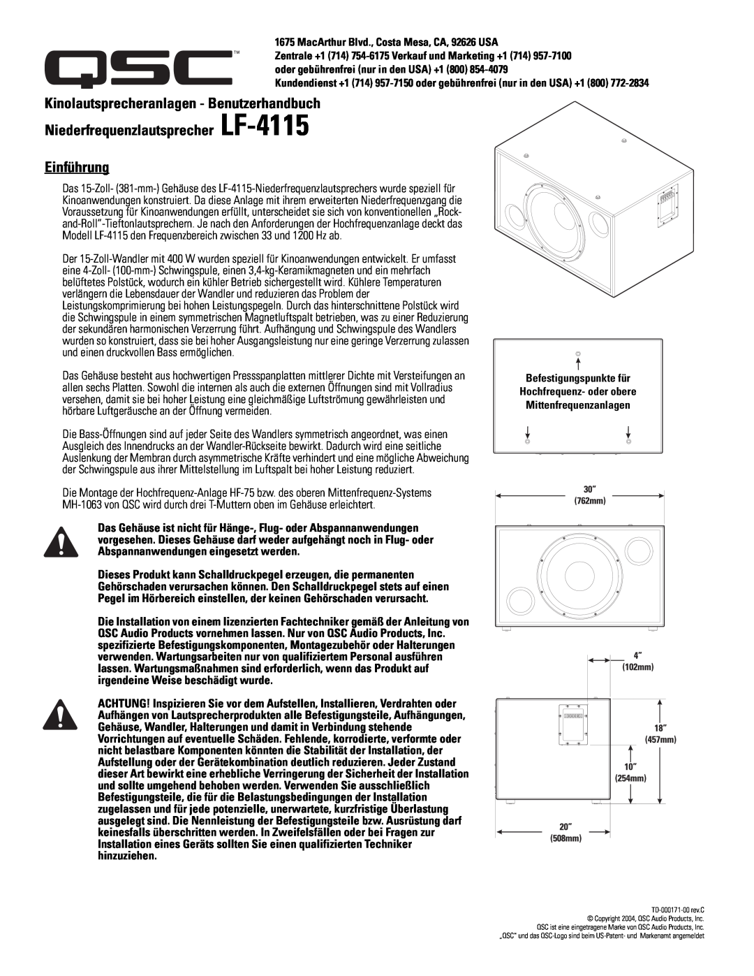 QSC Audio user manual Kinolautsprecheranlagen - Benutzerhandbuch, Niederfrequenzlautsprecher LF-4115 Einführung 