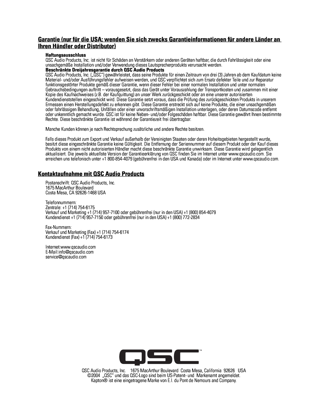 QSC Audio LF-4115 user manual Kontaktaufnahme mit QSC Audio Products, Haftungsausschluss 