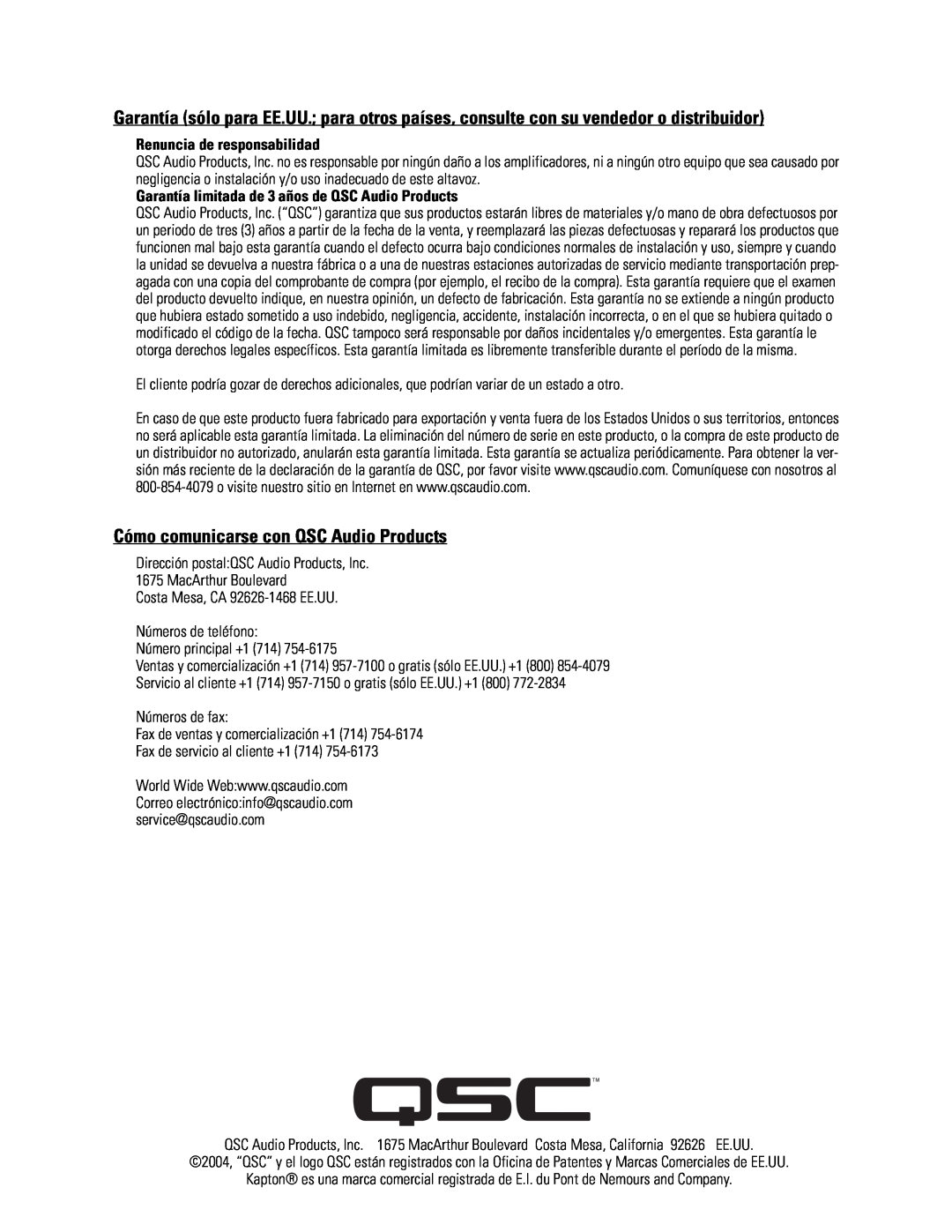 QSC Audio LF-4115 user manual Cómo comunicarse con QSC Audio Products, Renuncia de responsabilidad 