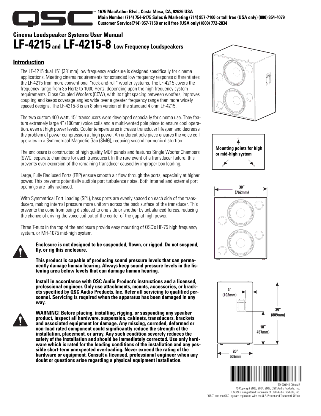 QSC Audio user manual Introduction, LF-4215and LF-4215-8Low Frequency Loudspeakers 