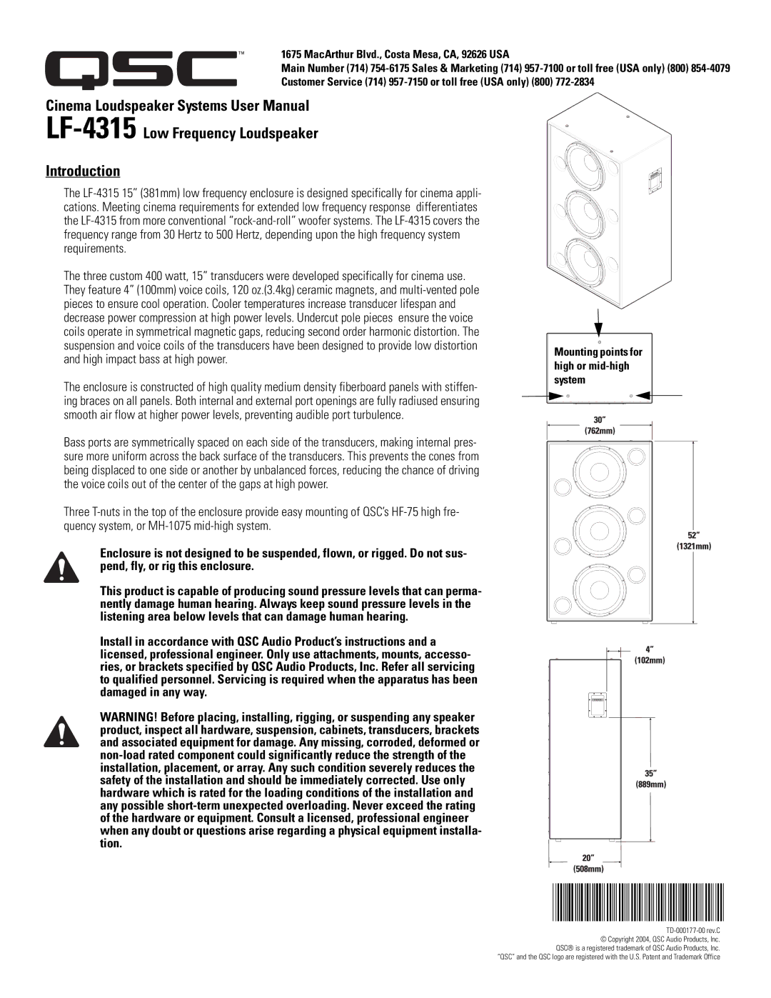 QSC Audio user manual LF-4315Low Frequency Loudspeaker Introduction, MacArthur Blvd., Costa Mesa, CA, 92626 USA 