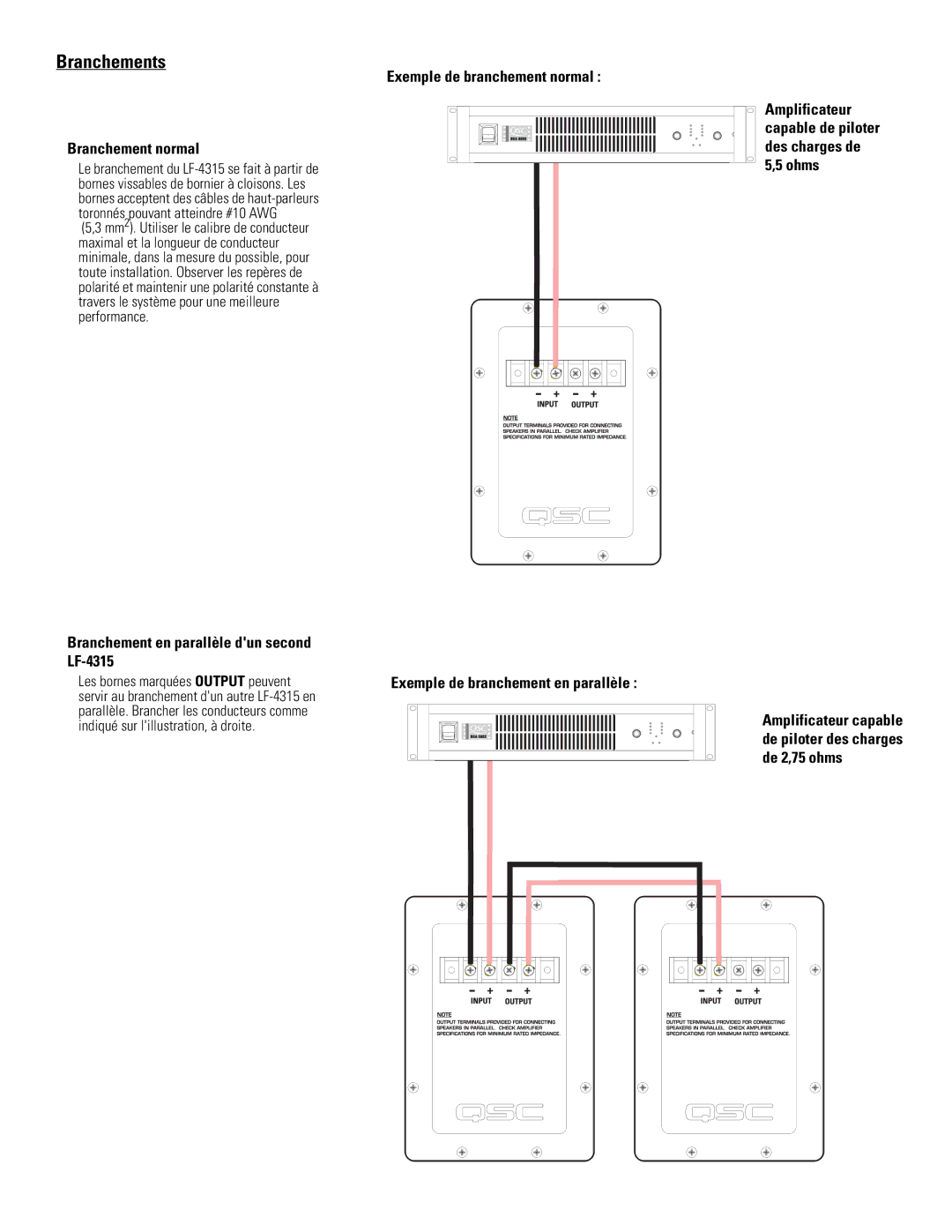 QSC Audio user manual Branchements, Branchement normal, Branchement en parallèle dun second LF-4315 