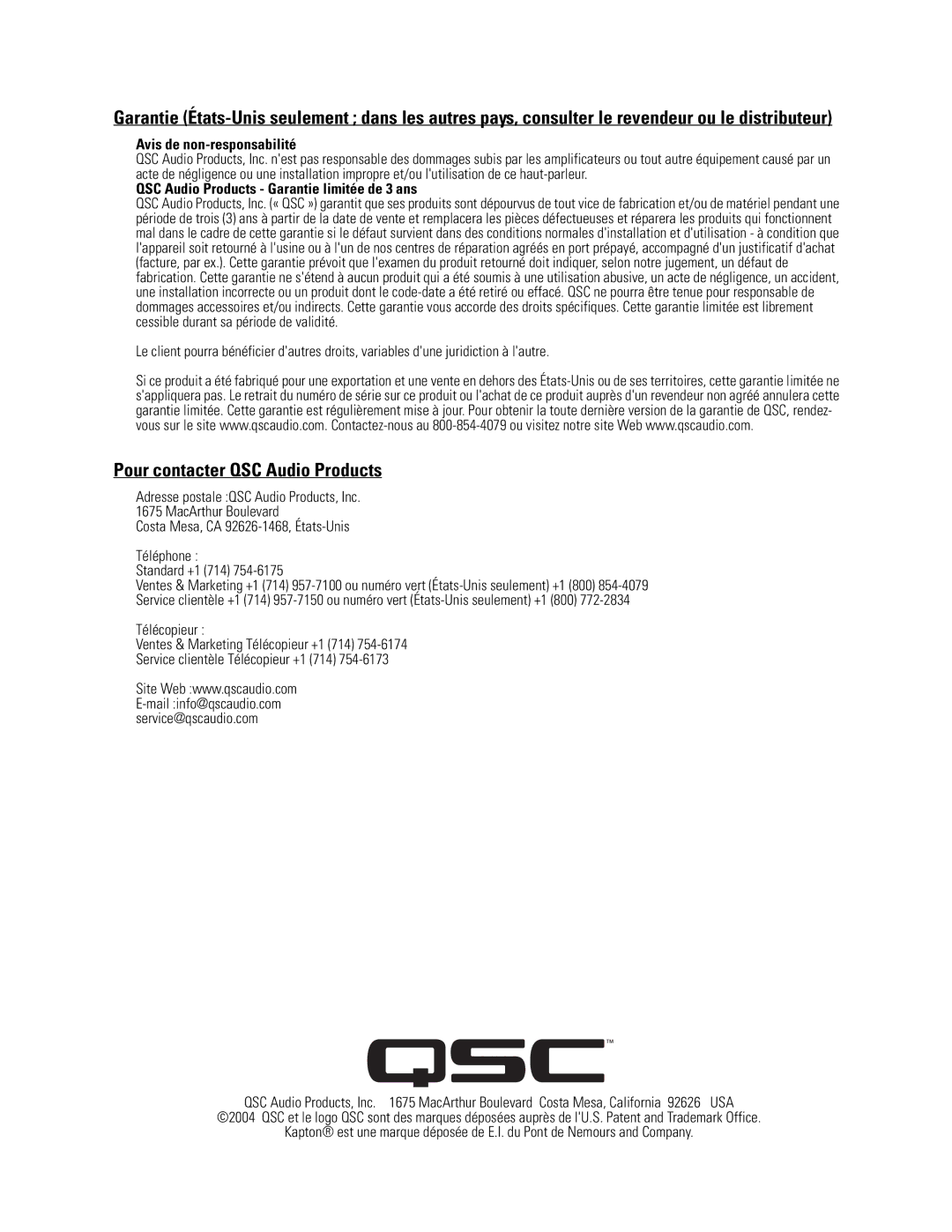 QSC Audio LF-4315 user manual Pour contacter QSC Audio Products, Avis de non-responsabilité 