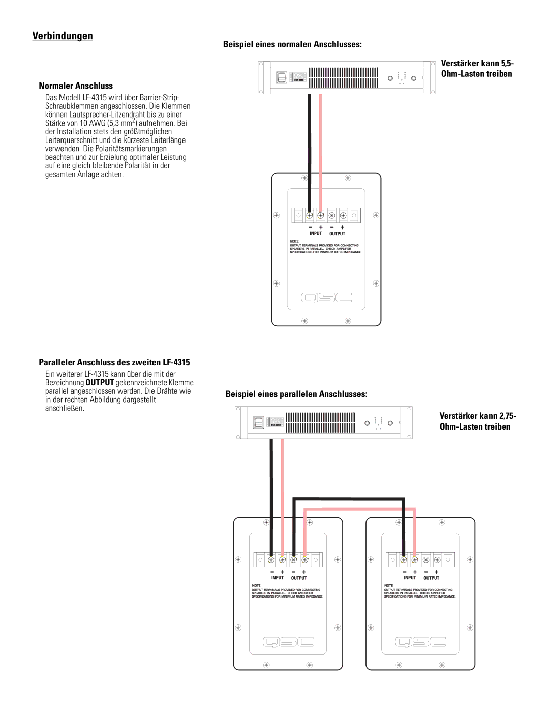 QSC Audio user manual Verbindungen, Normaler Anschluss, Paralleler Anschluss des zweiten LF-4315 