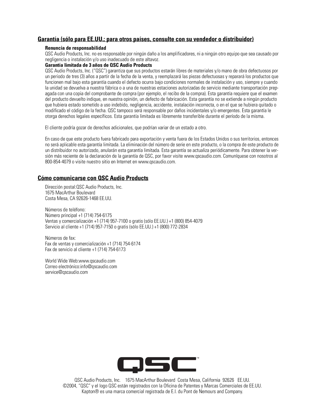 QSC Audio LF-4315 user manual Cómo comunicarse con QSC Audio Products, Renuncia de responsabilidad 