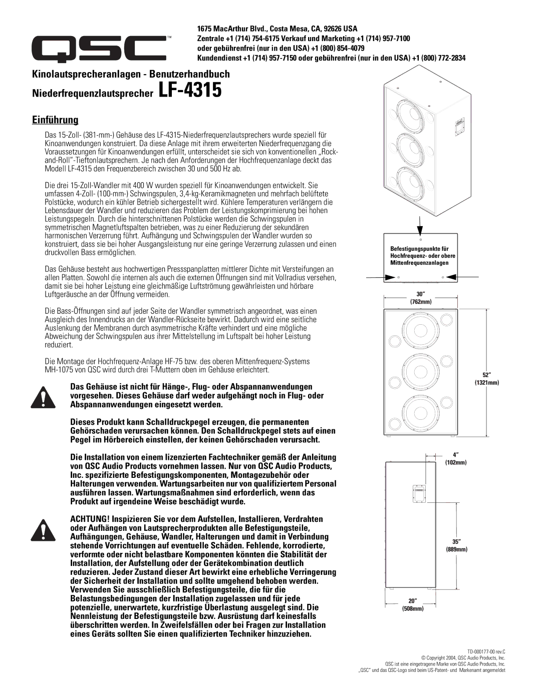 QSC Audio LF-4315 user manual MacArthur Blvd., Costa Mesa, CA, 92626 USA 