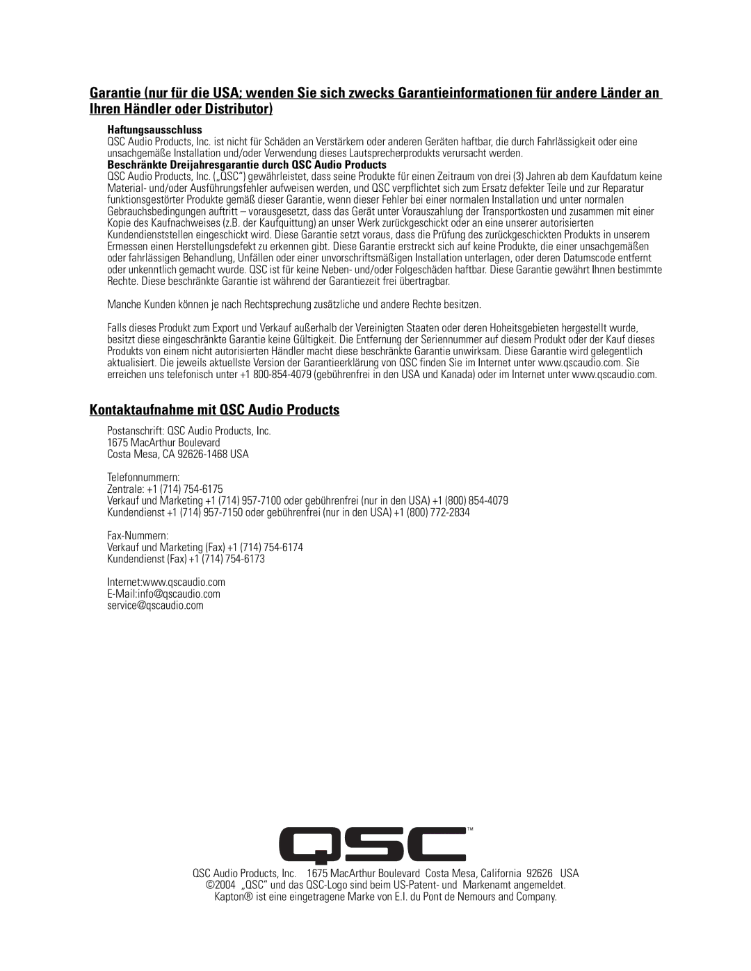 QSC Audio LF-4315 user manual Kontaktaufnahme mit QSC Audio Products, Haftungsausschluss 