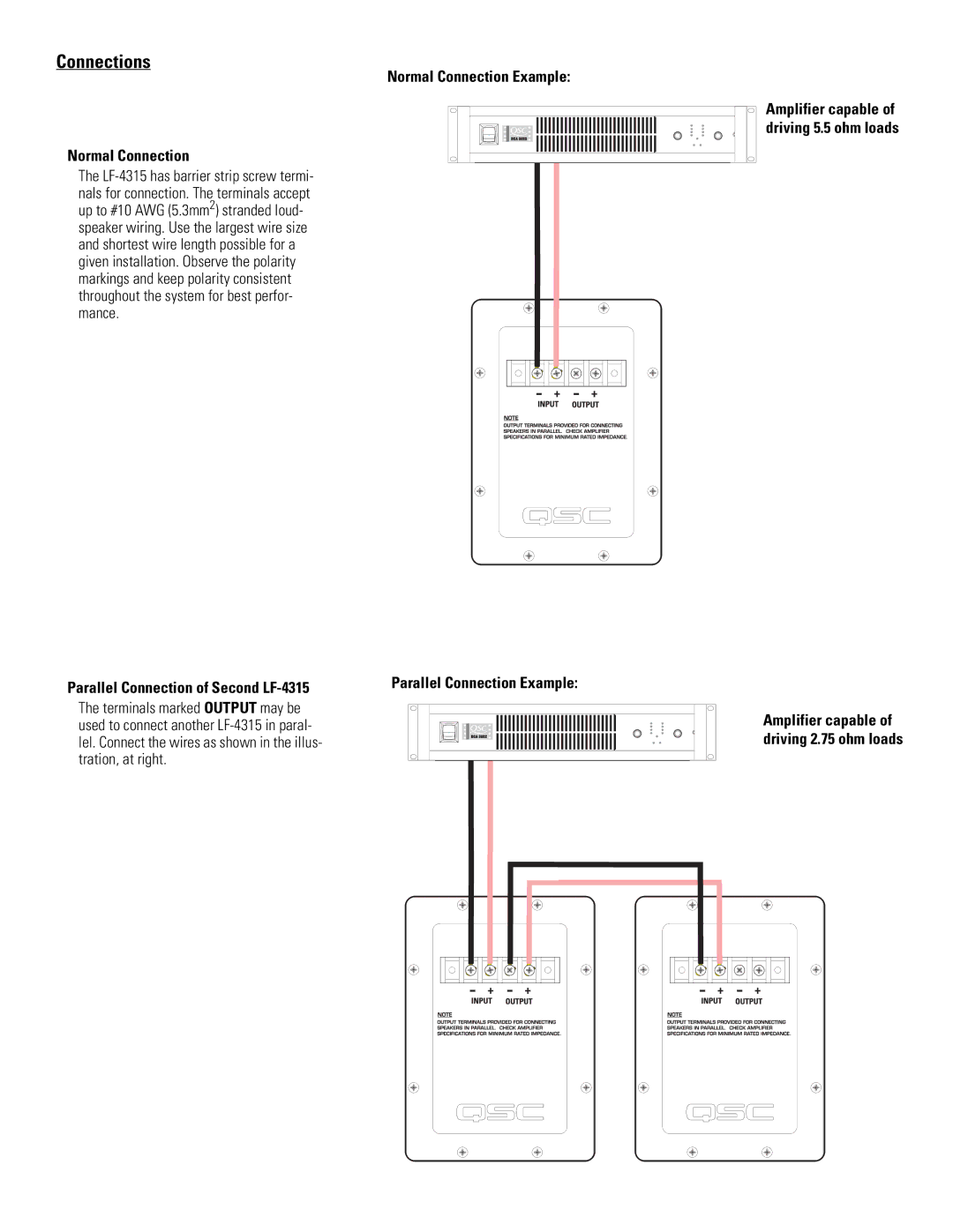 QSC Audio user manual Connections, Normal Connection, Parallel Connection of Second LF-4315 