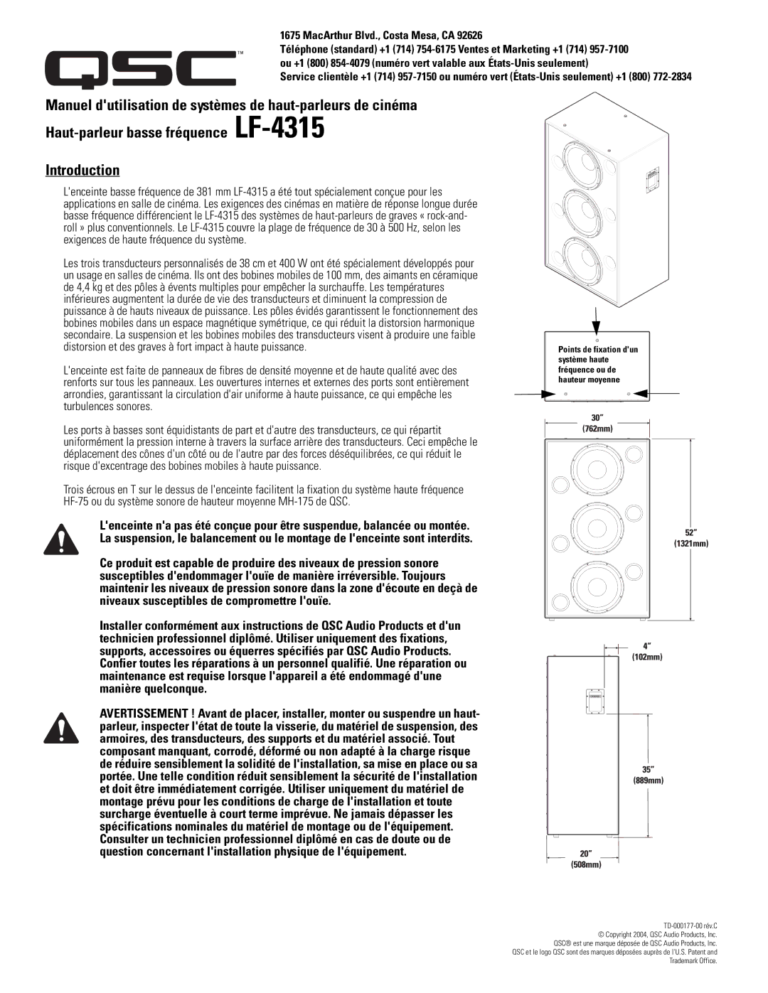 QSC Audio LF-4315 user manual MacArthur Blvd., Costa Mesa, CA 