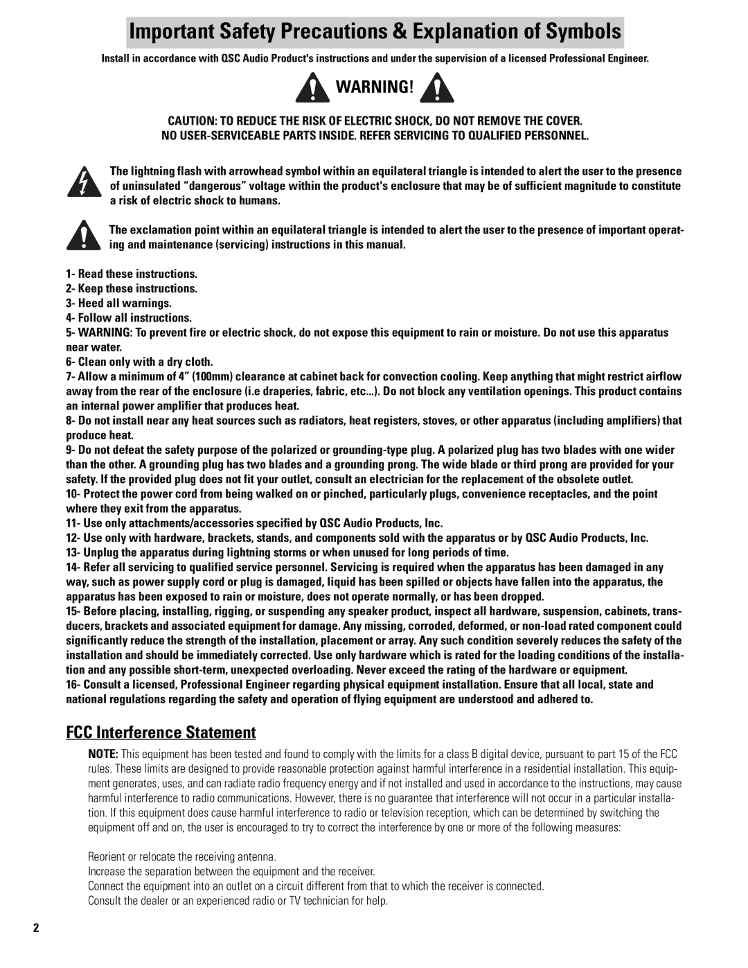 QSC Audio MD-FP122/64r, MD-FP122/94r Important Safety Precautions & Explanation of Symbols, FCC Interference Statement 