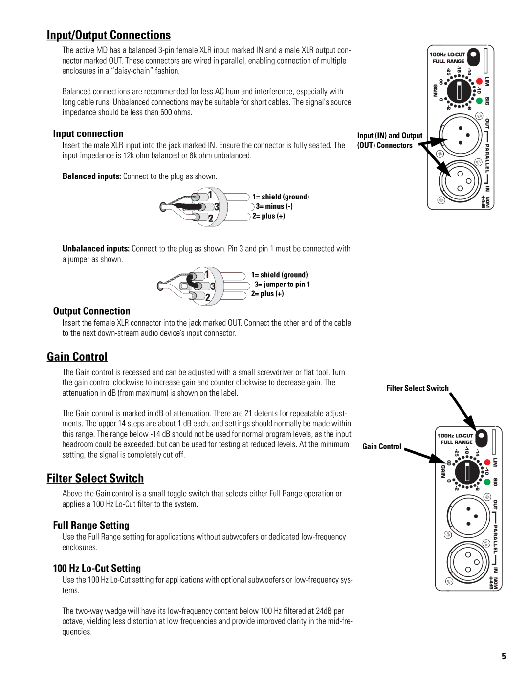 QSC Audio MD-FP122/94r, MD-FP122/64r user manual Input/Output Connections, Gain Control, Filter Select Switch 