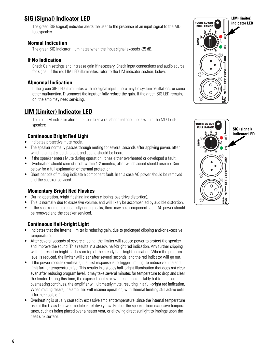 QSC Audio MD-FP122/64r, MD-FP122/94r user manual SIG Signal Indicator LED, LIM Limiter Indicator LED 