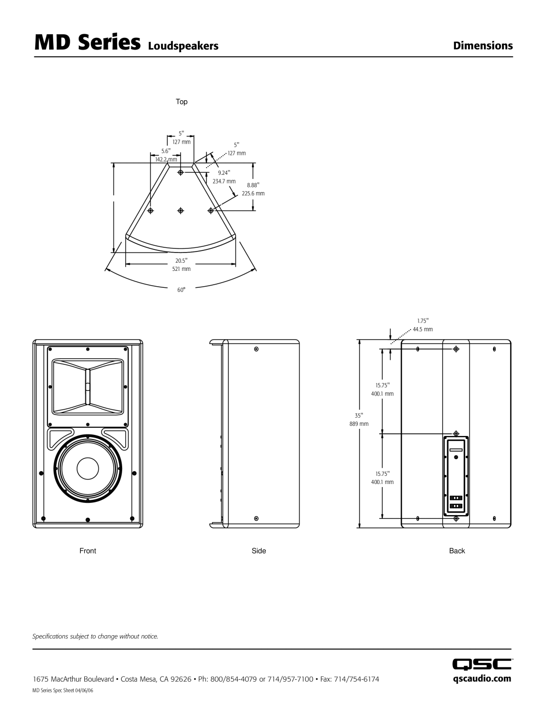 QSC Audio MD-F152/64r, MD-L118, MD-F152/94r, MD-F122/94r, MD-F152/124r MD Series Loudspeakers Dimensions, Top, Front Side 