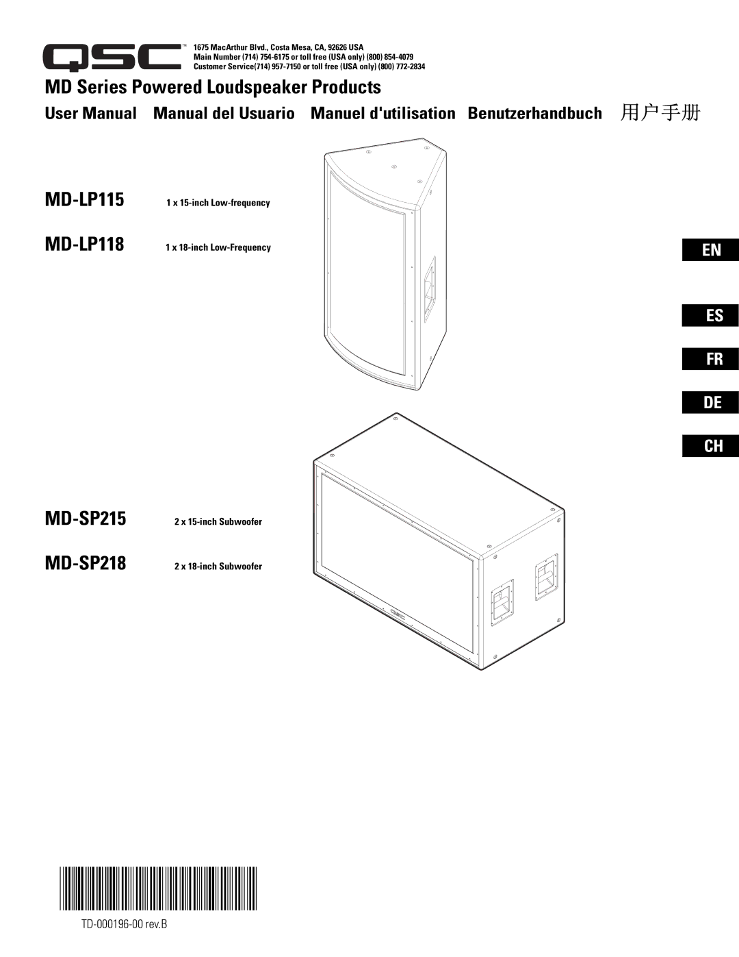 QSC Audio MD-SP215, MD-LP115, MD-LP118, MD-SP218 user manual TD-000196-00 