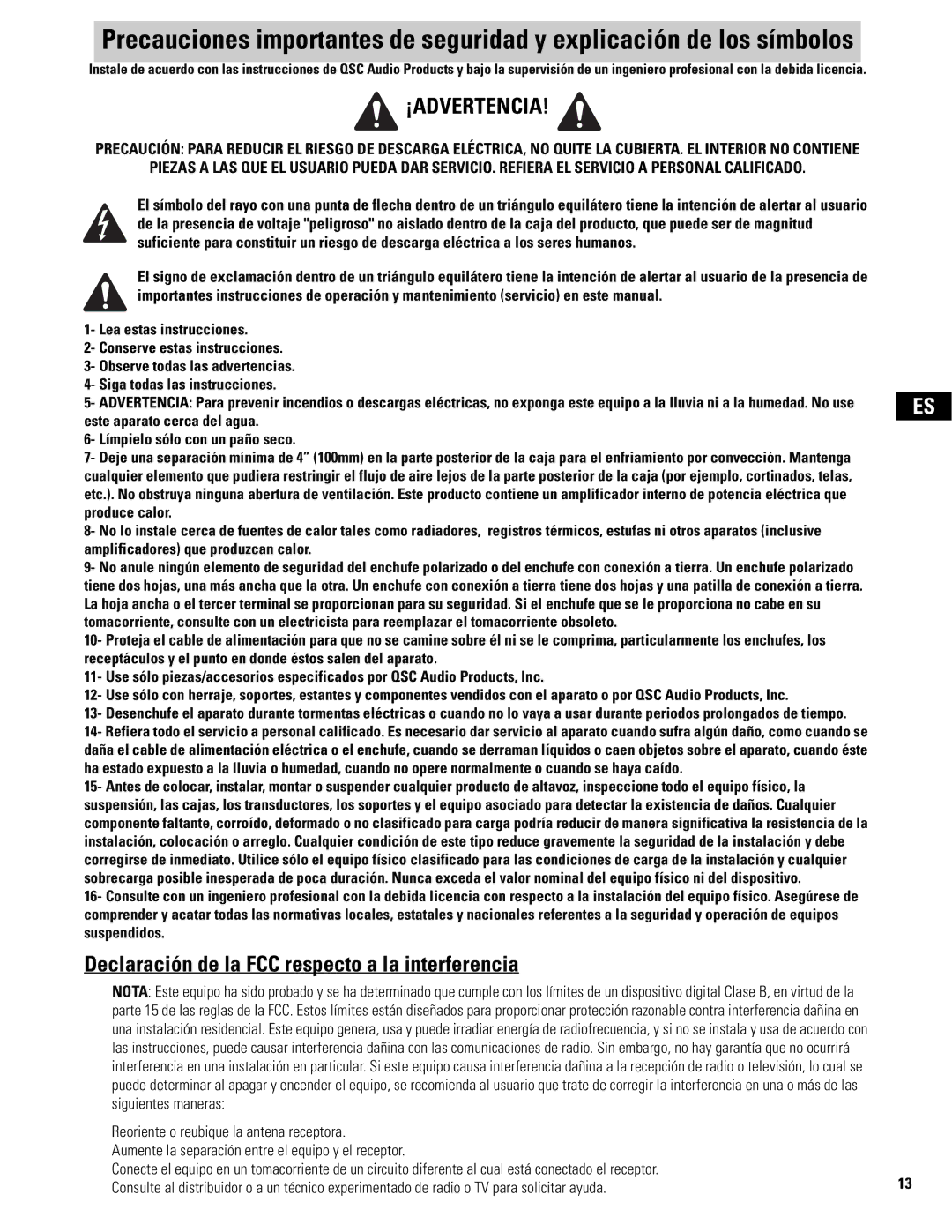 QSC Audio MD-SP215, MD-LP115, MD-LP118, MD-SP218 user manual ¡Advertencia, Declaración de la FCC respecto a la interferencia 