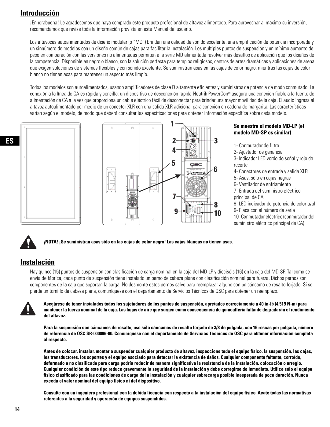 QSC Audio MD-LP118, MD-LP115, MD-SP215, MD-SP218 user manual Introducción, Instalación 