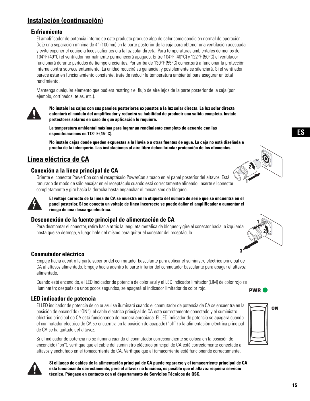 QSC Audio MD-SP218, MD-LP115, MD-SP215, MD-LP118 user manual Instalación continuación, Línea eléctrica de CA 