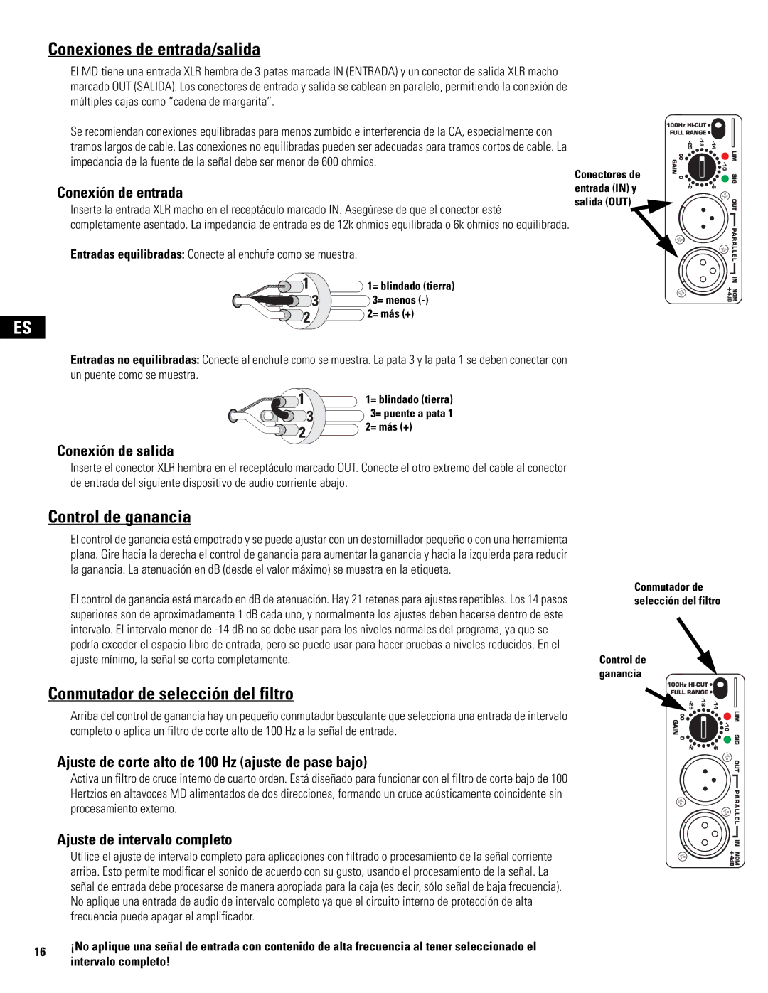 QSC Audio MD-LP115, MD-SP215 Conexiones de entrada/salida, Control de ganancia, Conmutador de selección del filtro 