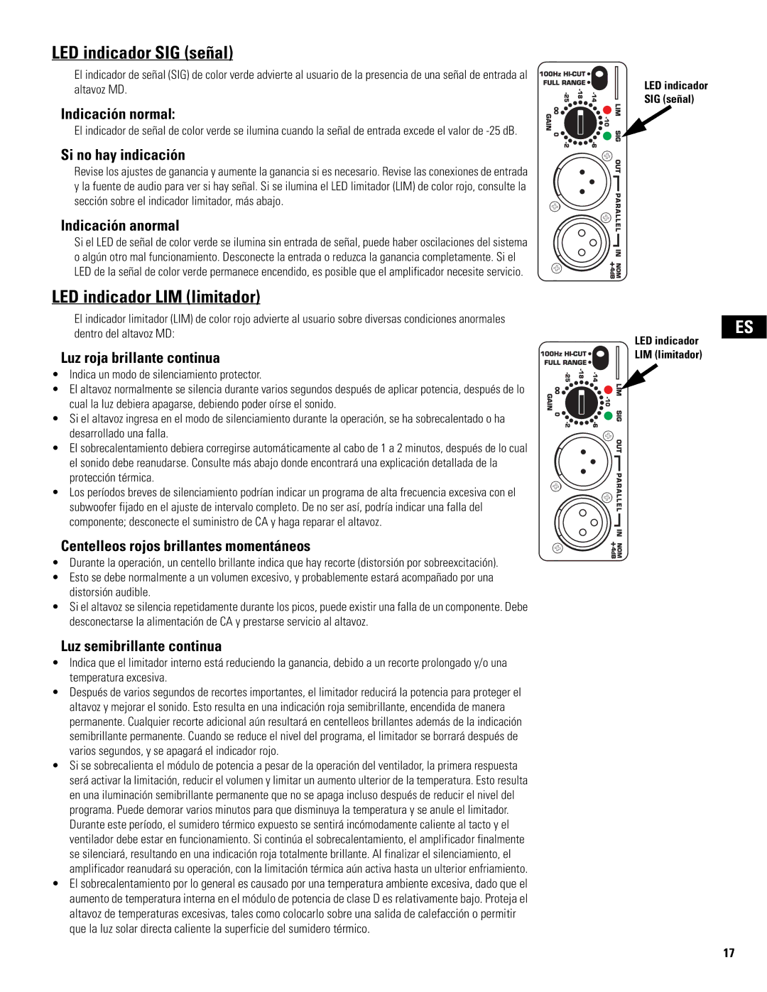 QSC Audio MD-SP215, MD-LP115, MD-LP118, MD-SP218 user manual LED indicador SIG señal, LED indicador LIM limitador 