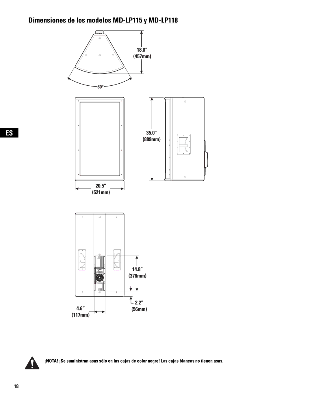 QSC Audio MD-SP215, MD-SP218 user manual Dimensiones de los modelos MD-LP115 y MD-LP118 