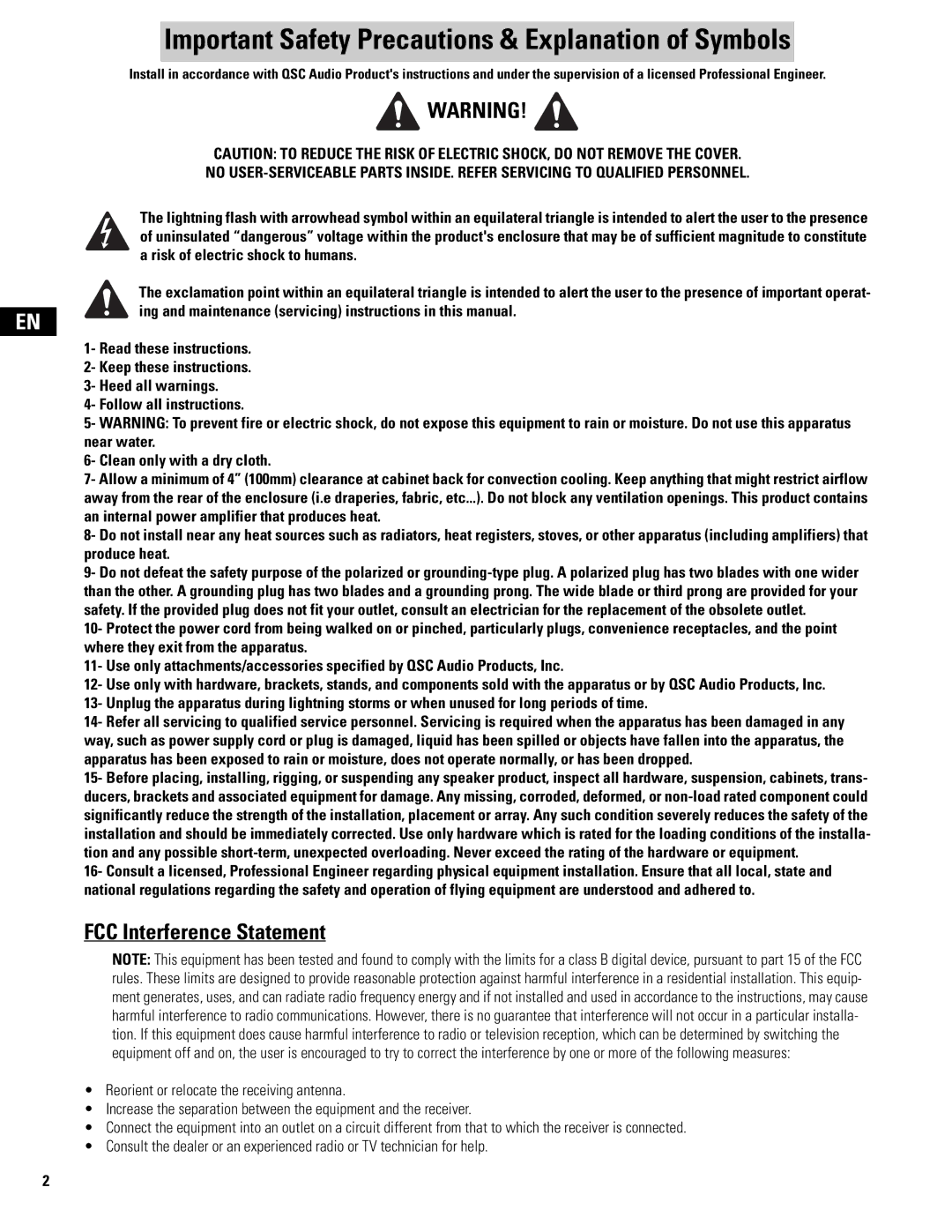 QSC Audio MD-LP118, MD-LP115, MD-SP215 Important Safety Precautions & Explanation of Symbols, FCC Interference Statement 