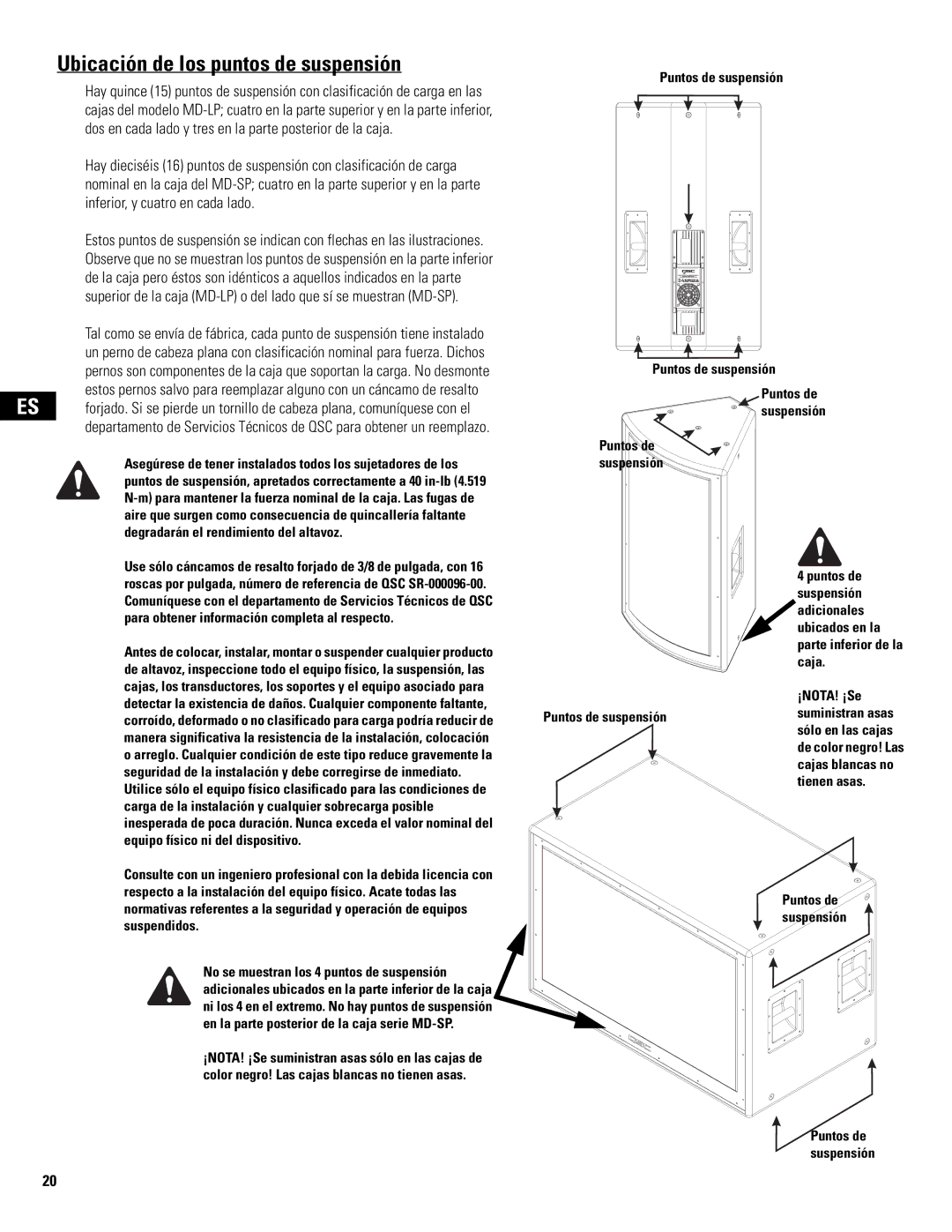 QSC Audio MD-LP115, MD-SP215, MD-LP118, MD-SP218 user manual Ubicación de los puntos de suspensión 