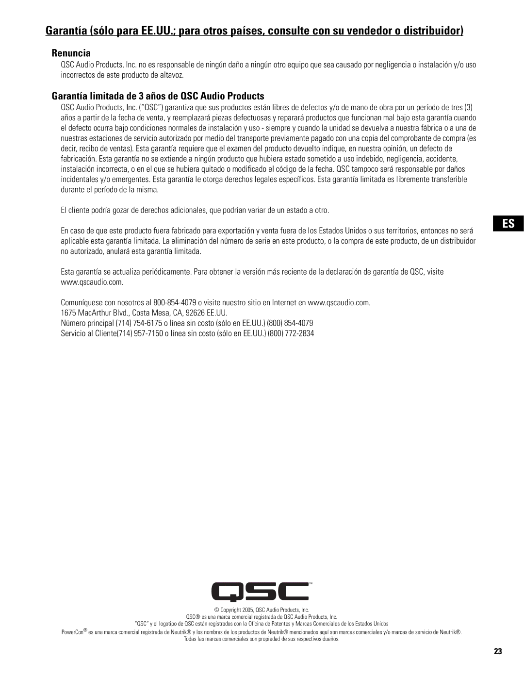 QSC Audio MD-SP218, MD-LP115, MD-SP215, MD-LP118 user manual Renuncia, Garantía limitada de 3 años de QSC Audio Products 