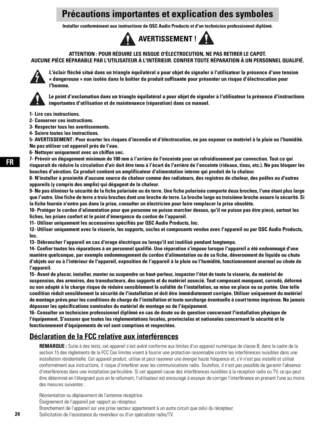 QSC Audio MD-LP115 Précautions importantes et explication des symboles, Déclaration de la FCC relative aux interférences 