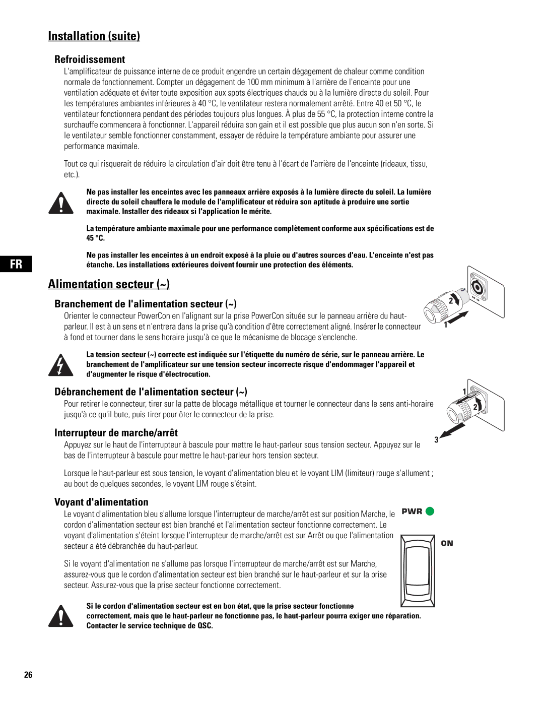 QSC Audio MD-LP118, MD-LP115, MD-SP215, MD-SP218 user manual Installation suite, Alimentation secteur ~ 