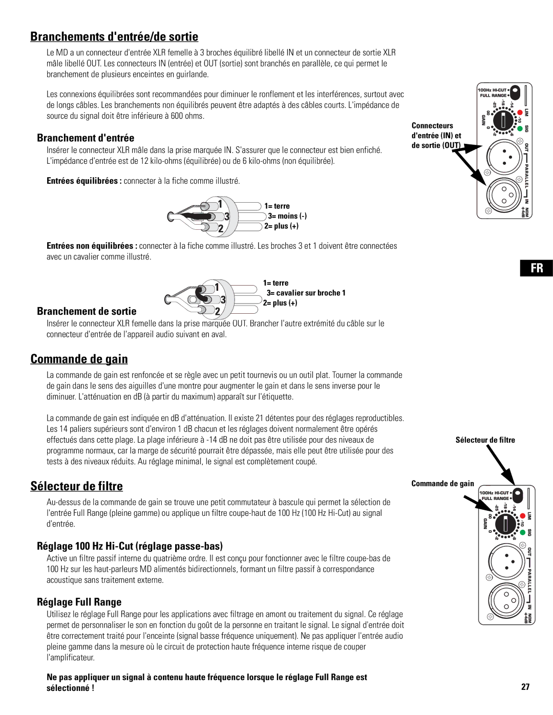 QSC Audio MD-SP218, MD-LP115, MD-SP215, MD-LP118 Branchements dentrée/de sortie, Commande de gain, Sélecteur de filtre 